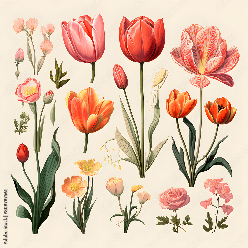 Set of Tulips flower, leaf, plant and flower, watercolor illustration. Set of Tulips flower, leaf, plant and flower, watercolor illustration.