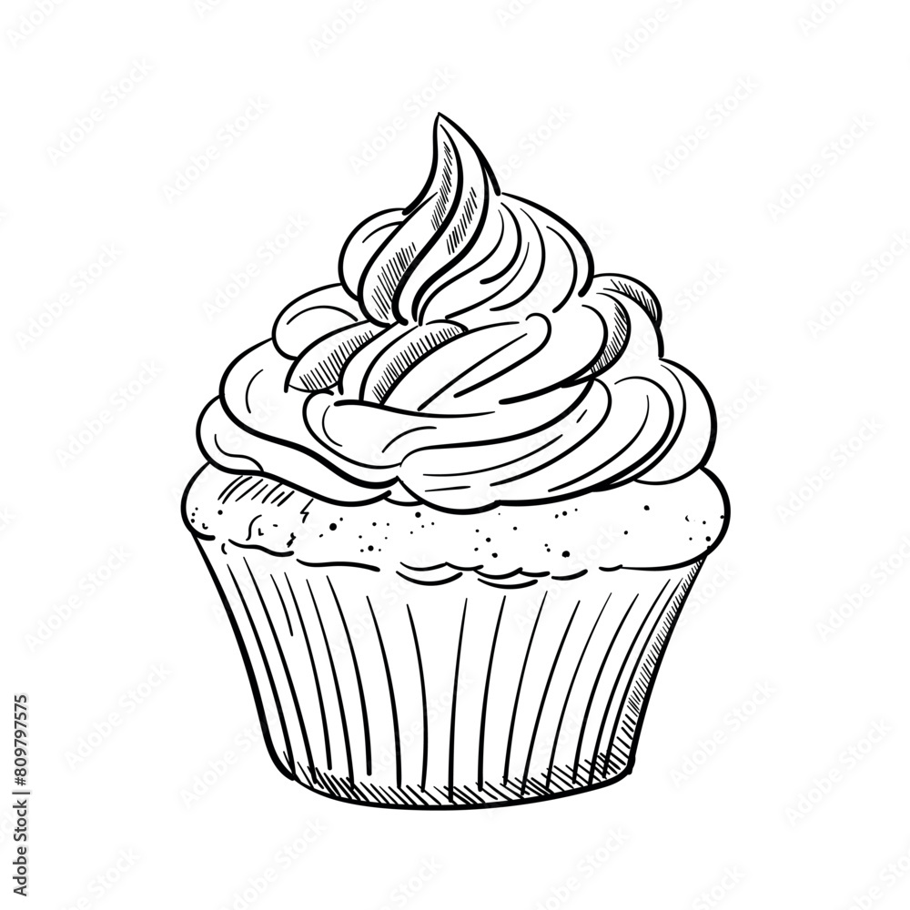 Sketch of Creamy Muffin. Cake Doodle. Hand drawn. Outline illustration. For menu, cafe , restaurant, packaging design