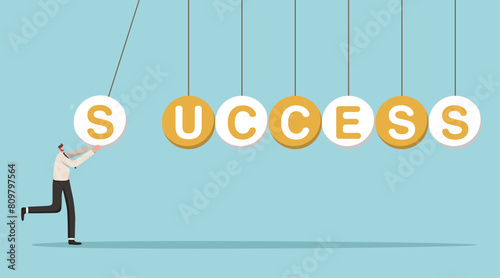 Ladder of great success, planning a path to achieve excellence in work, achieving goals and getting a career promotion,leadership skills and accuracy in setting goals, man launches success balls.