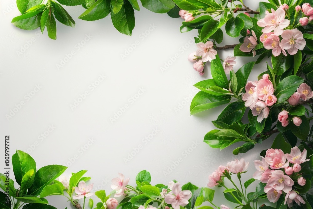 Lush Spring Floral Frame with Pink Blossoms and Green Leaves on White Background Lush Spring Floral Frame with Pink Blossoms and Green Leaves on White Background