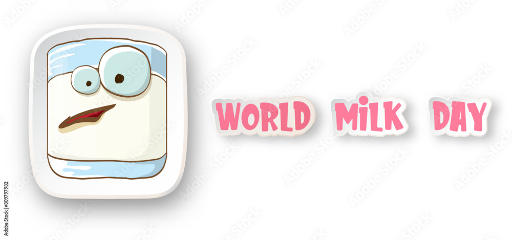 World milk day poster and banner with funny cartoon cute smiling milk glass character isolated on transparent white background. Happy milk day concept illustration with kawaii milk funky character. World milk day poster and banner with funny cartoon cute smiling milk glass character isolated on transparent white background. Happy milk day concept illustration with kawaii milk funky character.