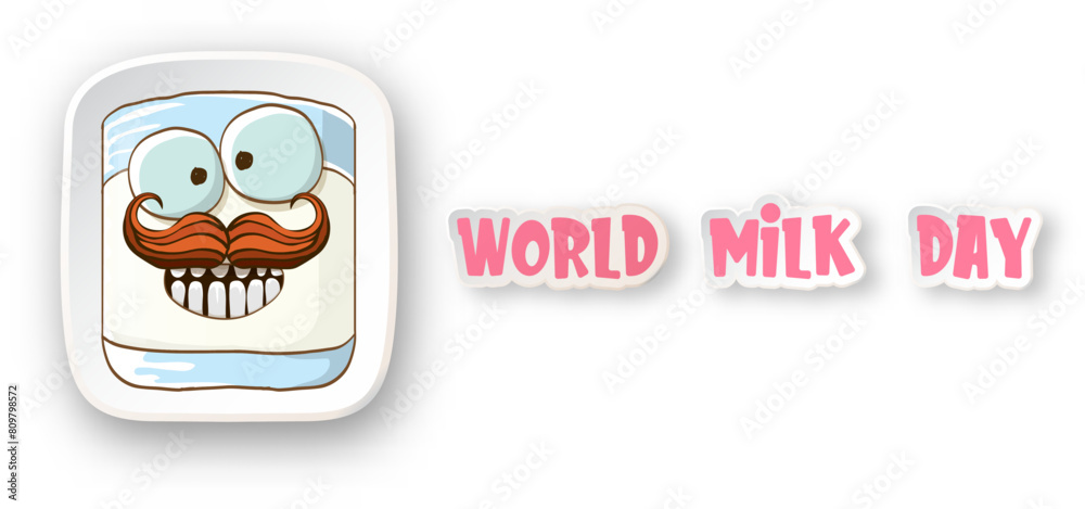 World milk day poster and banner with funny cartoon cute smiling milk glass character isolated on transparent white background. Happy milk day concept illustration with kawaii milk funky character. World milk day poster and banner with funny cartoon cute smiling milk glass character isolated on transparent white background. Happy milk day concept illustration with kawaii milk funky character.