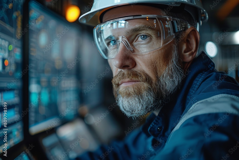 A focused engineer in a hard hat is using a computer in the industrial control room