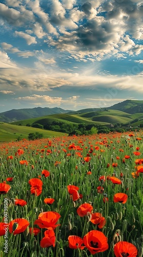 Vibrant fields of blooming poppies carpeting the landscape