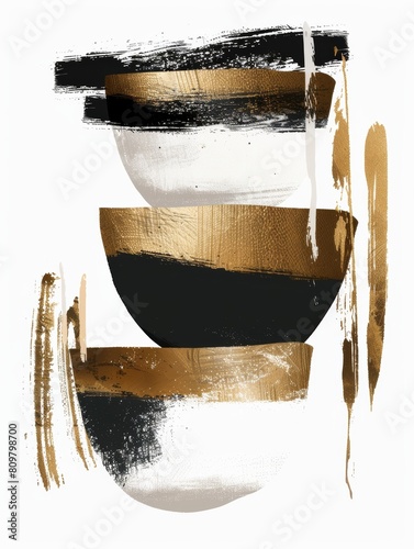 A painting featuring alternating stripes of shimmering gold and bold black colors