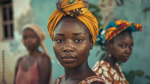 Three women wearing colorful head scarves stand together photo