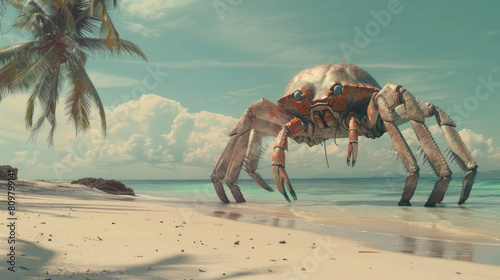 Tropical paradise scene with a creature having 5 legs on the beach. Dreamlike fantasy on island shore. AI generative creativity.