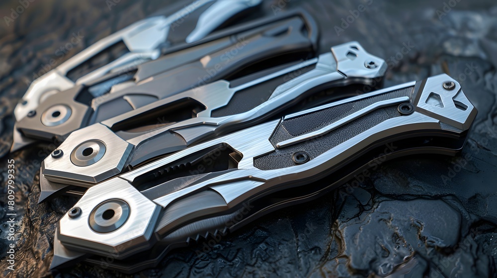 Fototapeta premium Assortment of Metallic Pliers and Utility Tools for Mechanics and Handymen at a Professional Workbench description This image showcases an assortment