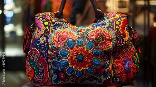 A handbag with intricate embroidery, catching the eye with its vibrant colors and detailed patterns © Toys Hub