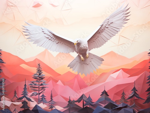 A low poly vector illustration of an eagle flying over a mountain range at sunset. photo