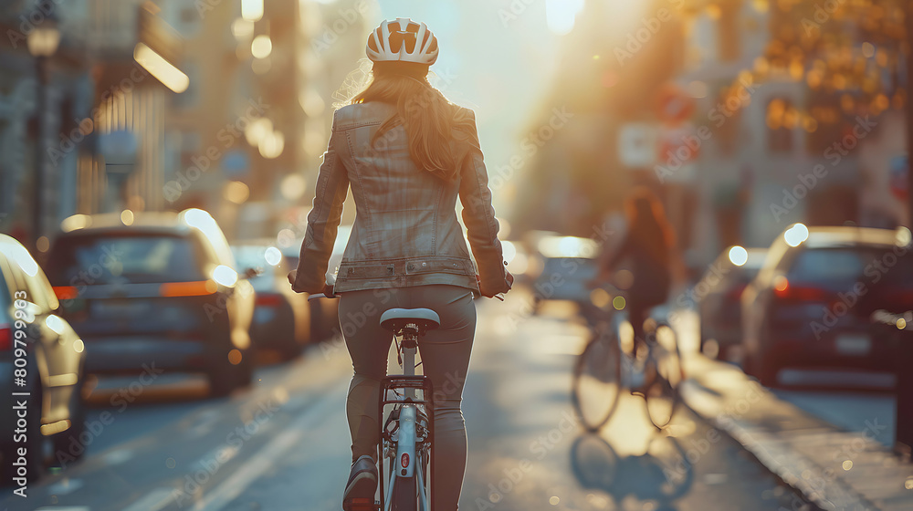 Photo realistic as Businesswoman Biking to Work concept as A businesswoman bikes to work promoting a healthy and eco friendly commute in a busy city environment. in  Photo Stock  C