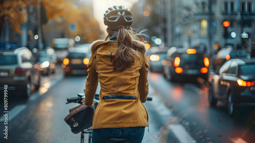 Photo realistic as Businesswoman Biking to Work concept as A businesswoman bikes to work promoting a healthy and eco friendly commute in a busy city environment. in Photo Stock C