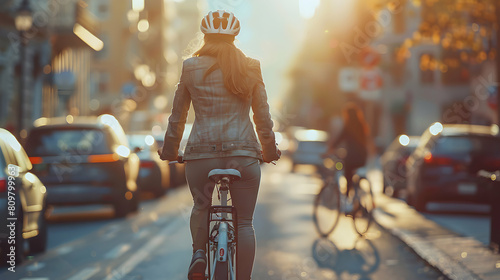 Photo realistic as Businesswoman Biking to Work concept as A businesswoman bikes to work promoting a healthy and eco friendly commute in a busy city environment. in  Photo Stock  C photo
