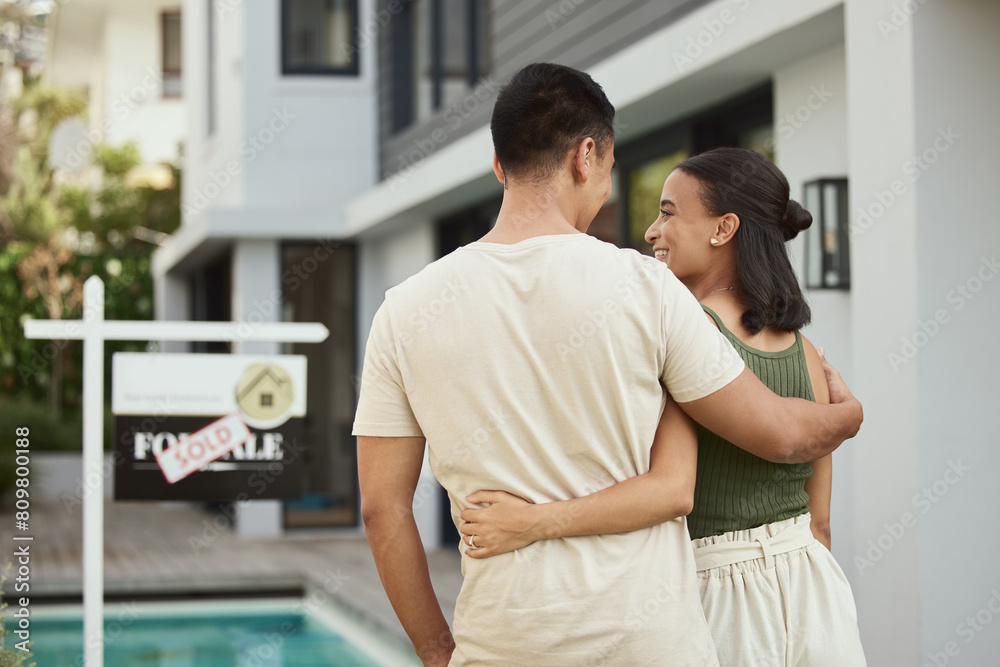 Couple, new home and happy hug and back, property investment or purchase or mortgage with partners. Ownership, together and relationship achievement with house goal, real estate and loan at sold sign Couple, new home and happy hug and back, property investment or purchase or mortgage with partners. Ownership, together and relationship achievement with house goal, real estate and loan at sold sign