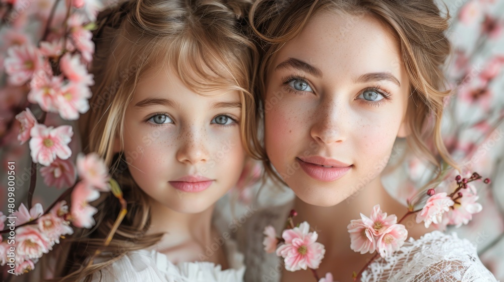 Fototapeta premium Whispers of the Blossom Sisters. Generative AI