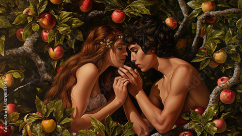 Adam and eve in heaven surrounded by red apples. Religious masterpiece.
