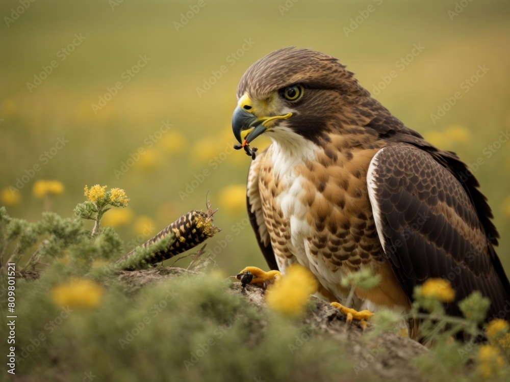 Fototapeta premium A young Swainsons Hawk eating a caterpillar
