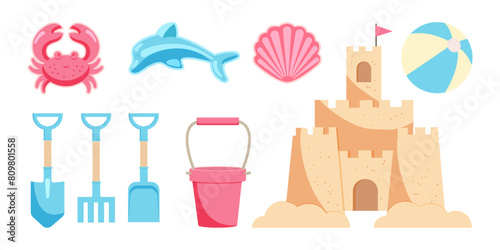 Set of children's toys for sandbox. Sand castle, bucket, shovel, molds for sand figures, beach ball.  Vector illustration