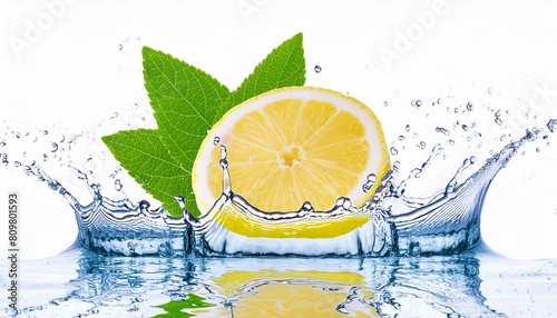 Zitrone trifft auf wasser und Minze - Wasser spritzt weg - erfrischend mit Minze - Zitrone taucht ein