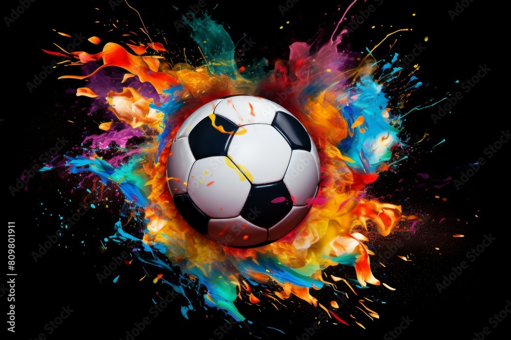 Dynamic image of a soccer ball with vivid paint splashes on a black background, symbolizing energy and motion