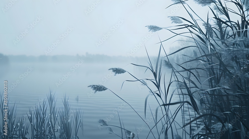 Beautiful serene nature scene with river reeds fog Beautiful serene nature scene with river reeds fog