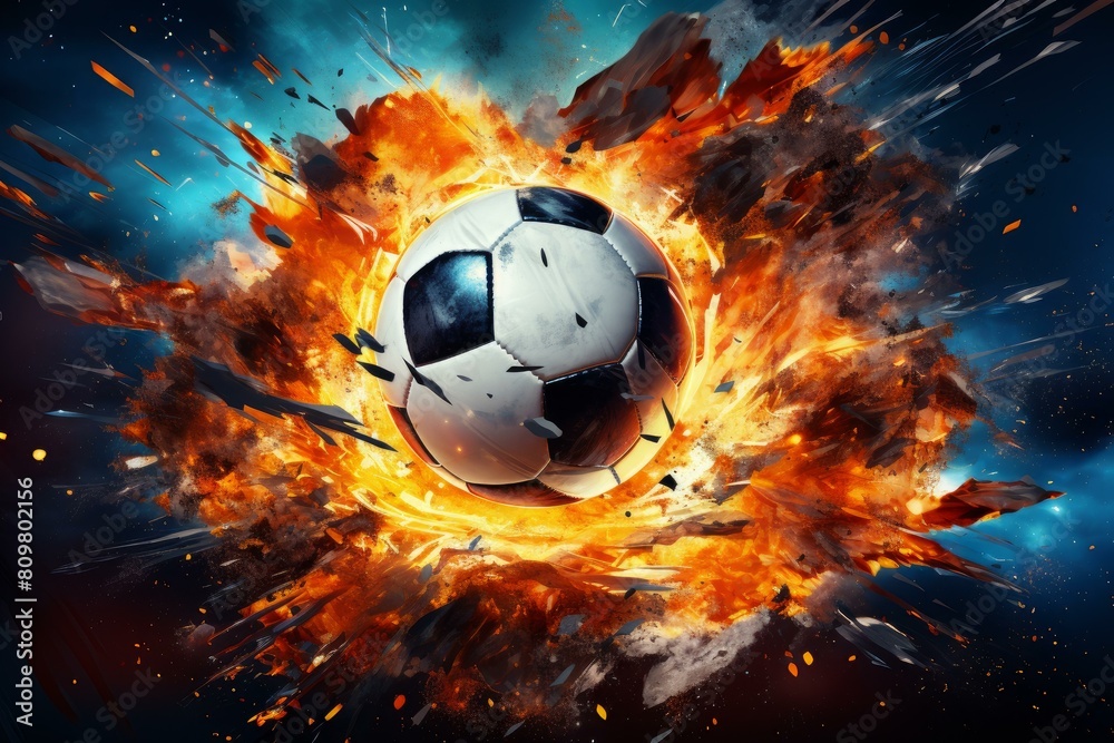 Fototapeta premium Dramatic Soccer ball explosion sport. Art light. Generate Ai
