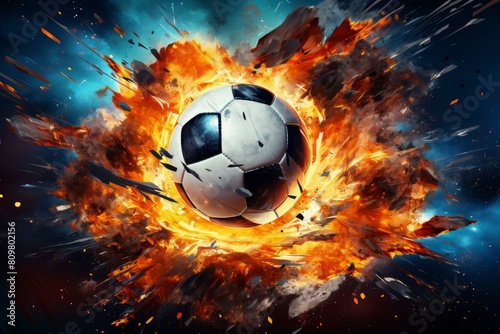 Dramatic Soccer ball explosion sport. Art light. Generate Ai