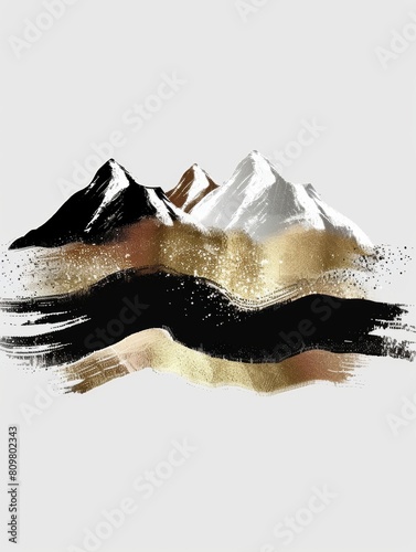 A painting depicting a majestic mountain range with gold and black paint, showcasing the rugged peaks and valleys