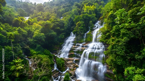 Nature background a waterfall in a lush green forest