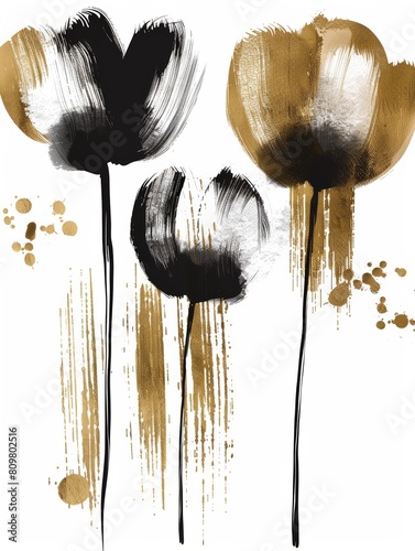 Three intricately painted black and gold flowers stand out against a clean white backdrop, showcasing the contrast of colors and intricate details