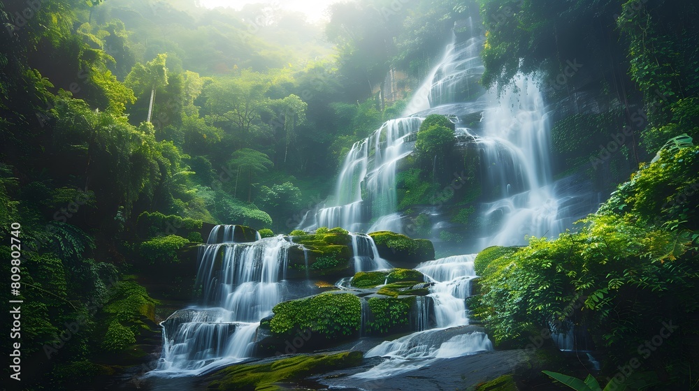 Nature background a waterfall in a lush green forest