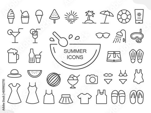夏のアイコンセット、黒の画線のベクターイラストのアイコンセット02