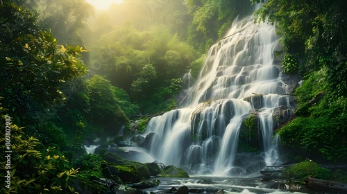 Nature background a waterfall in a lush green forest