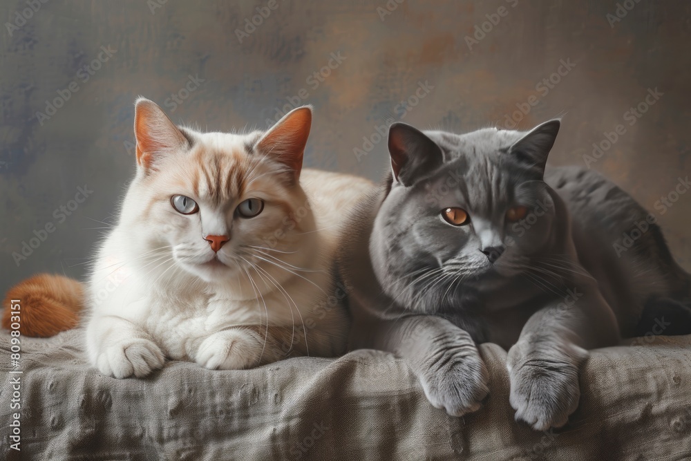 2 dogs and 2 cats happily relax together for a casual yet professional shoot in a minimalist, upscale studio. The background is a modern bright solid pastel beige. 8K with generative ai