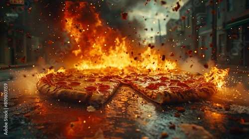 a pizza burning in the street. AI generate illustration
