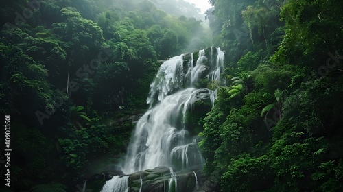 Nature background a waterfall in a lush green forest