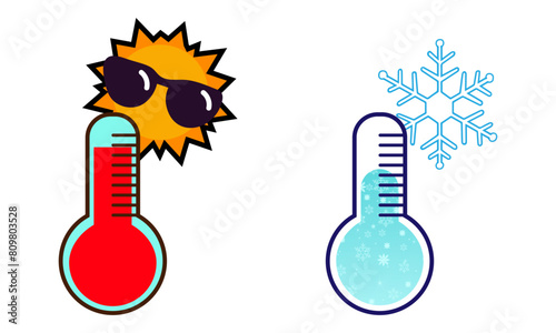 Vector illustration with thermometers in flat style isolated on white background. Icons of hot and cold weather, summer heat, global warming, abnormal heat, frost, temperature changes.