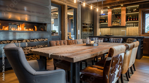 A cozy dining area with a built-in fireplace and a reclaimed wood dining table  surrounded by plush upholstered chairs for a comfortable and inviting atmosphere  interior design
