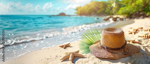 Summer vacation background with lots of space, tropical beach with sunbathing accessories like as hat, starfish, Generative AI. photo