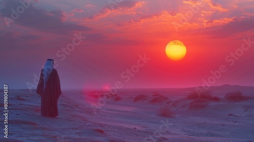 Arab man stands alone in the desert and watching the sunset. Solitary Arab Man Witnessing a Majestic Sunset in the Desert - 4K HD Wallpaper 