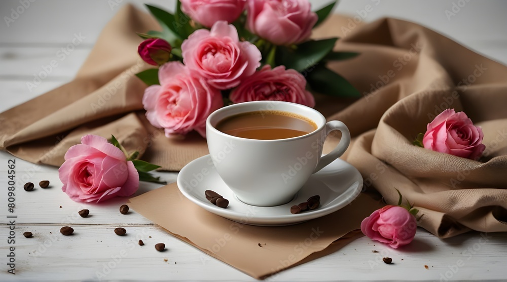 Cup of coffee Bouquet of pink flowers Chocolate.generative.ai