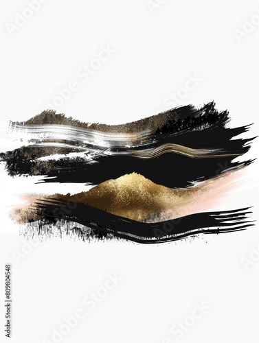 A painting featuring rich gold and black paint strokes on a clean white canvas, creating a striking and sophisticated abstract design