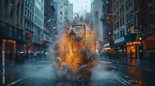 a burning phone in the street advertising. AI generate illustration