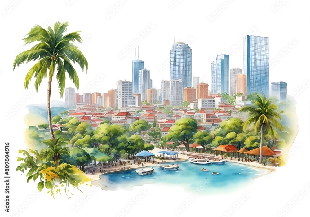 Obraz premium Jamaica Country Landscape Watercolor Illustration Art