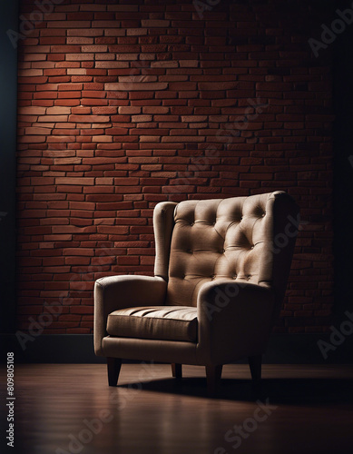 wall of brick cremites and single modern fabric armchair.
 photo