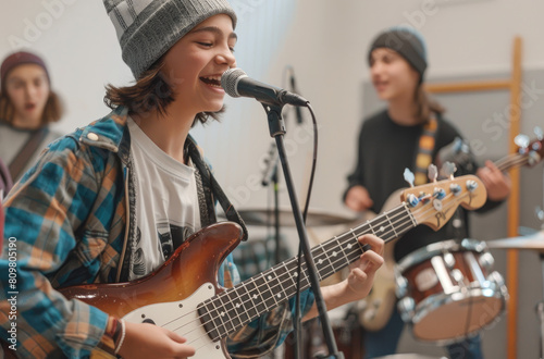 A group of young teenagers were playing music in the studio.