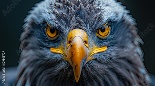 A macro portrait of an eagle, capturing the intricate patterns of its feathers and the striking details of its eyes and beak.