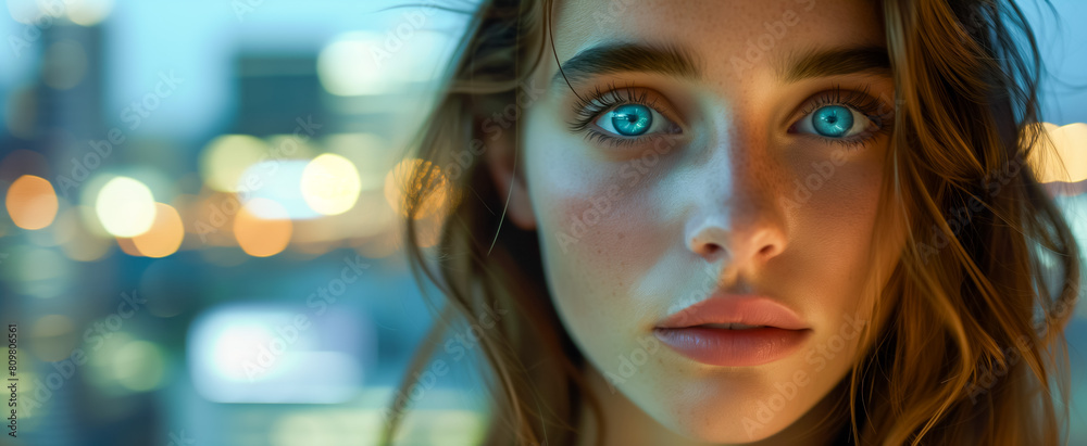 Close-up of a woman's blue eyes and delicate freckles against city lights at night Close-up of a woman's blue eyes and delicate freckles against city lights at night