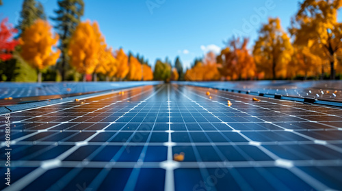 Solar panels on rooftop in autumn with colorful trees in background
