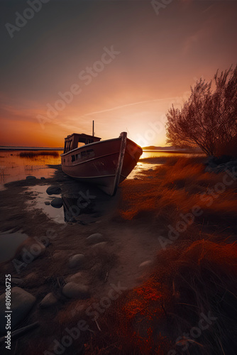 an abandoned boat at sunset, creating a tranquil yet melancholic scene with beautiful reflections and shadows